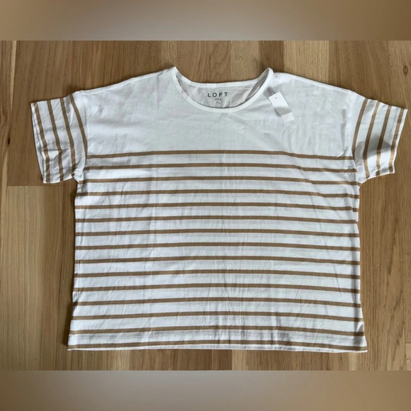Loft New Casual Basic White Tan Striped Round Neckline Boxy Tee Size XL Relaxed - Picture 3 of 9